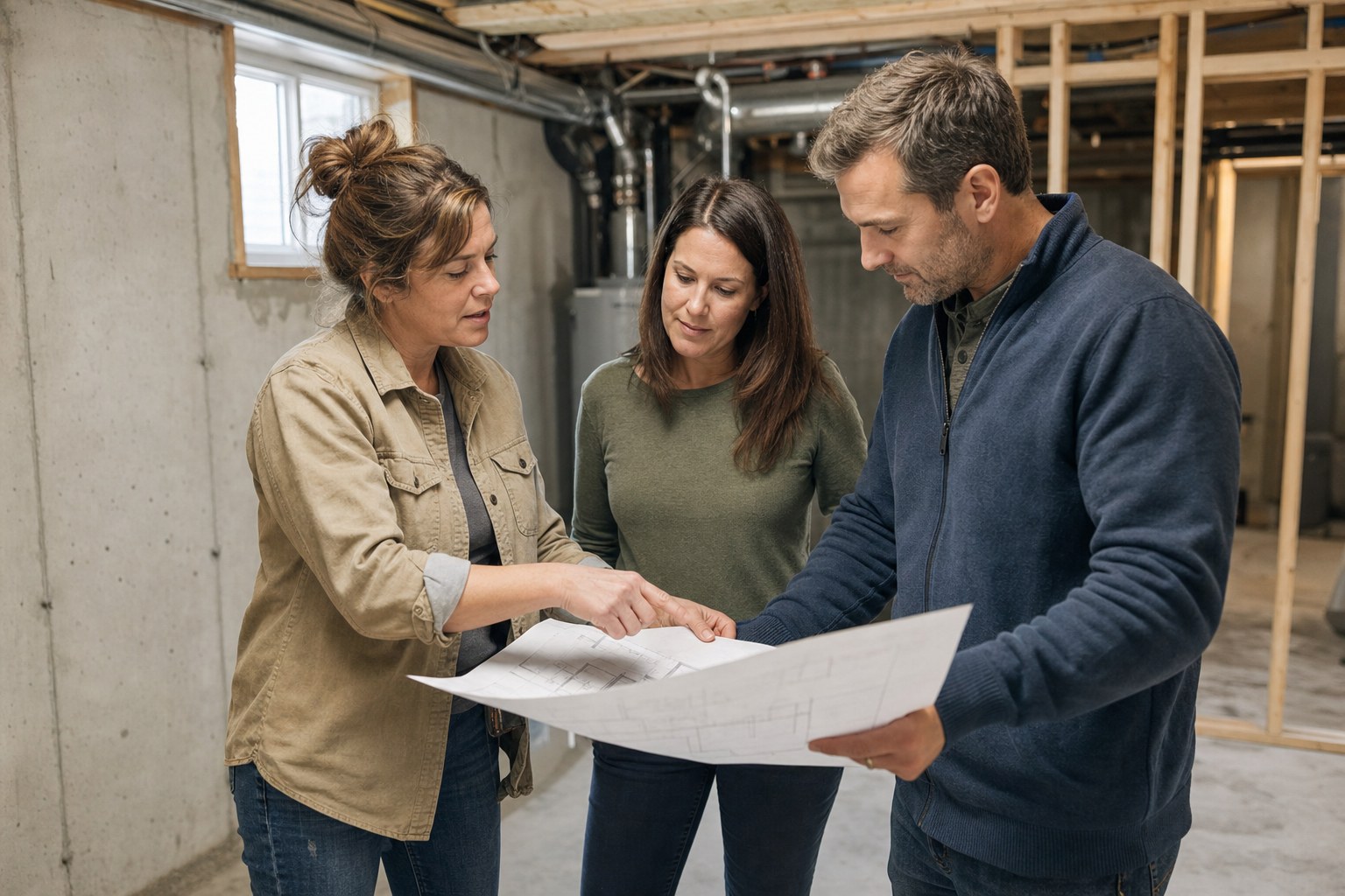 Contractor reviewing a basement layout drawing with homeowners