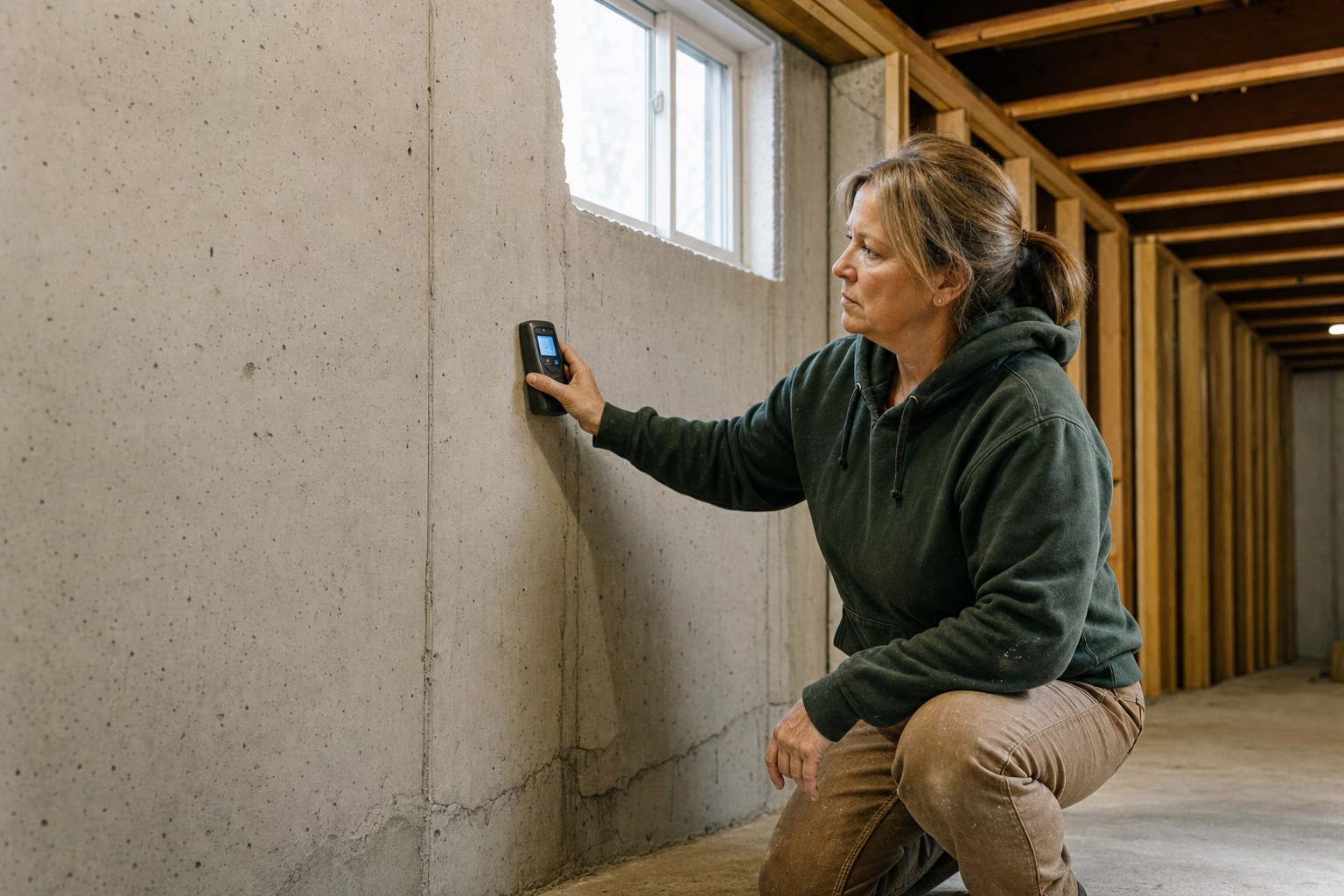 Contractor checking a basement foundation wall with a moisture meter