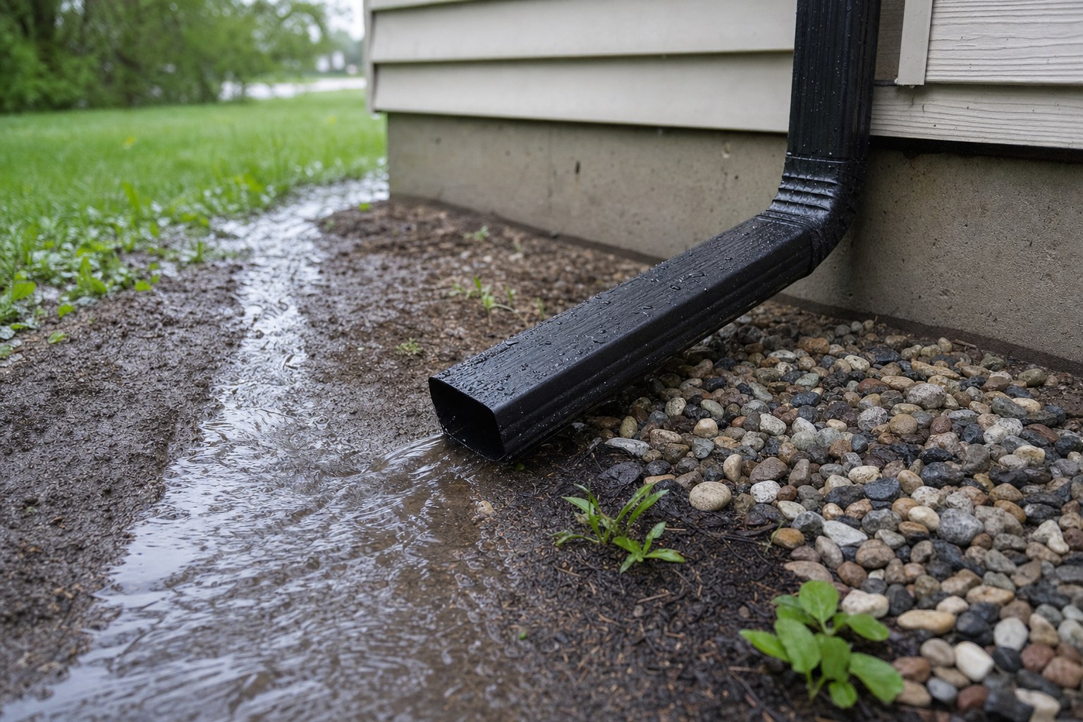 Downspout extension carrying rainwater away from a house foundation