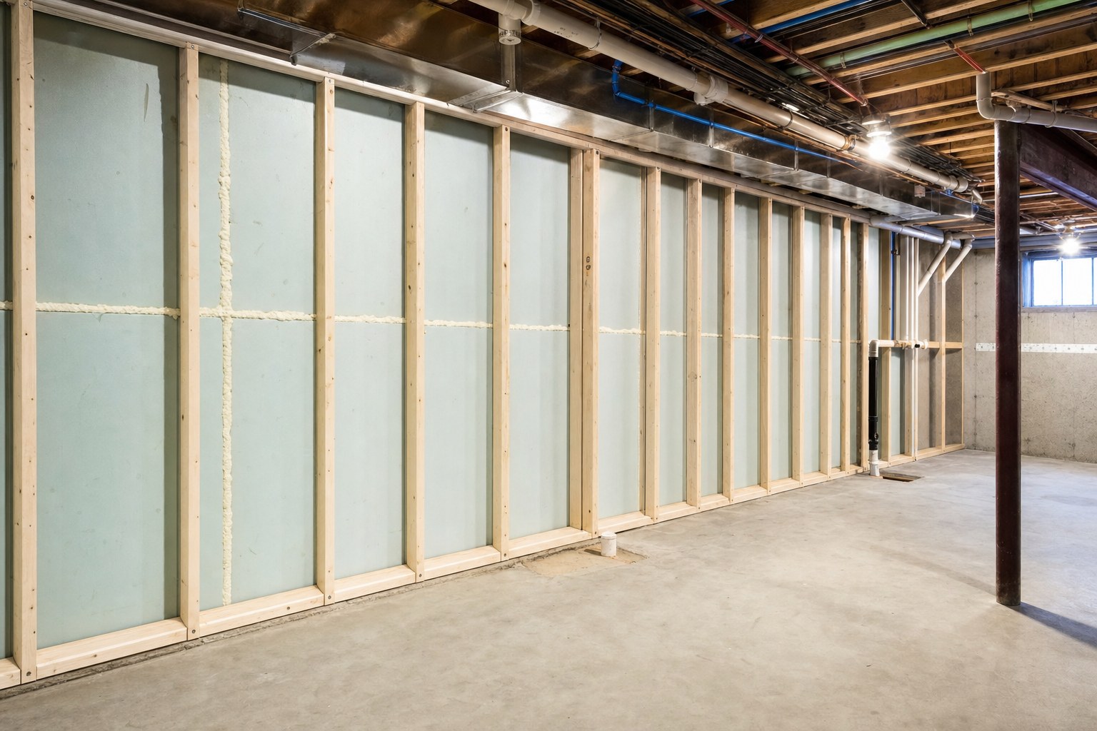Rigid foam insulation and new wood framing in an unfinished basement