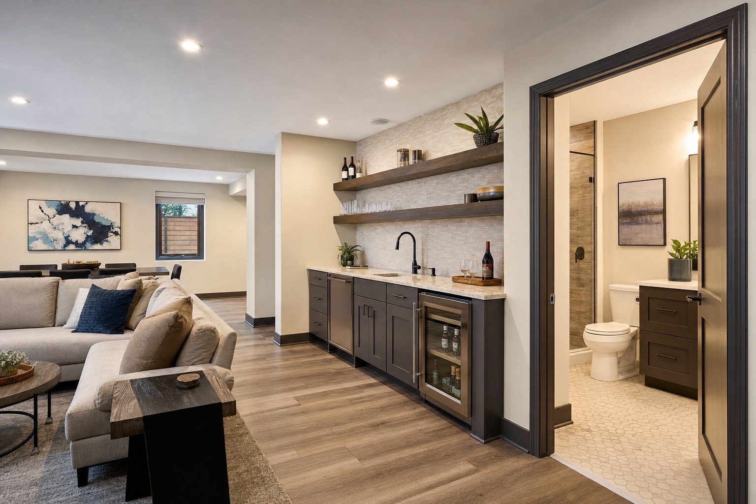 Finished basement with a wet bar and open bathroom door