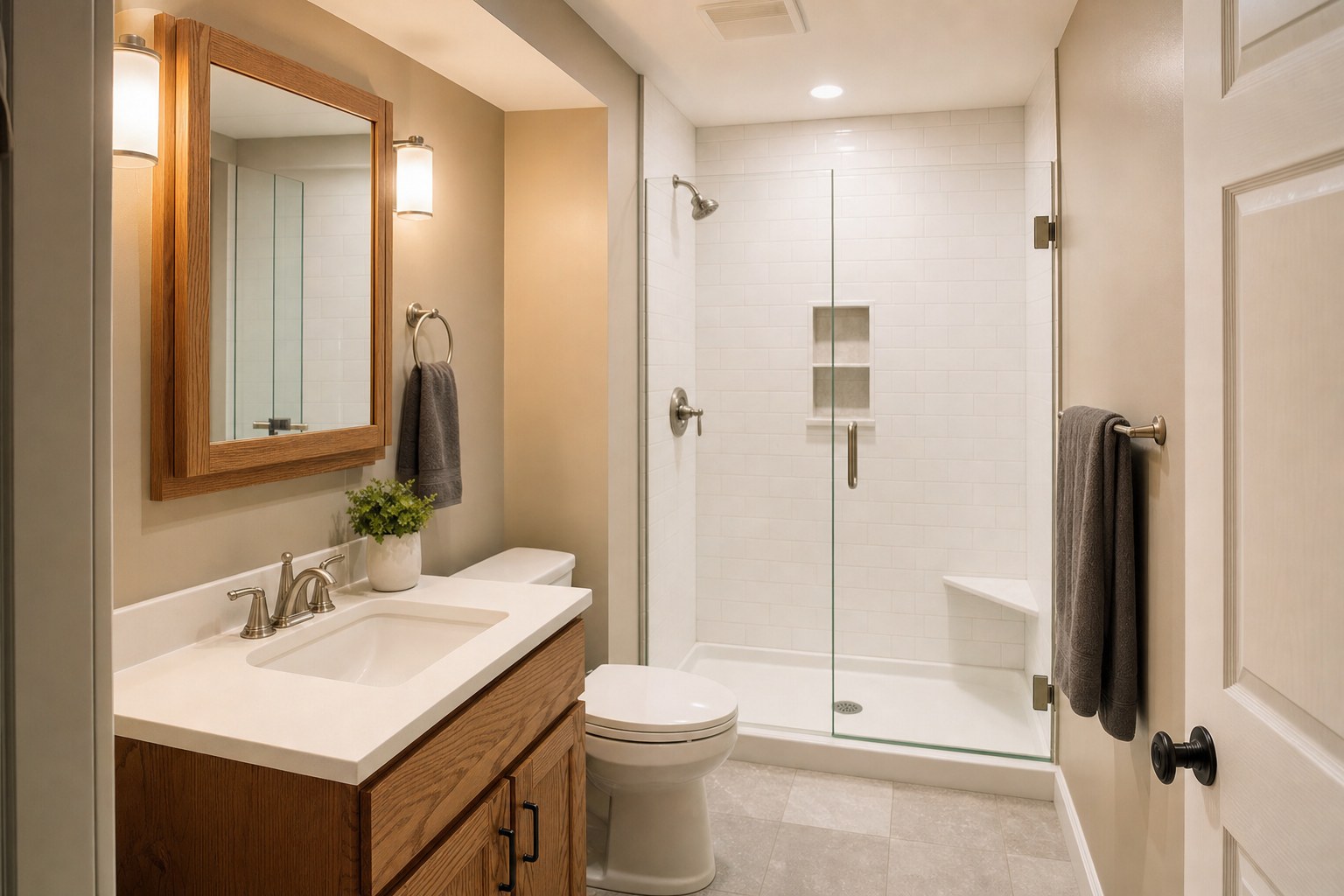 Finished basement bathroom with shower and vanity