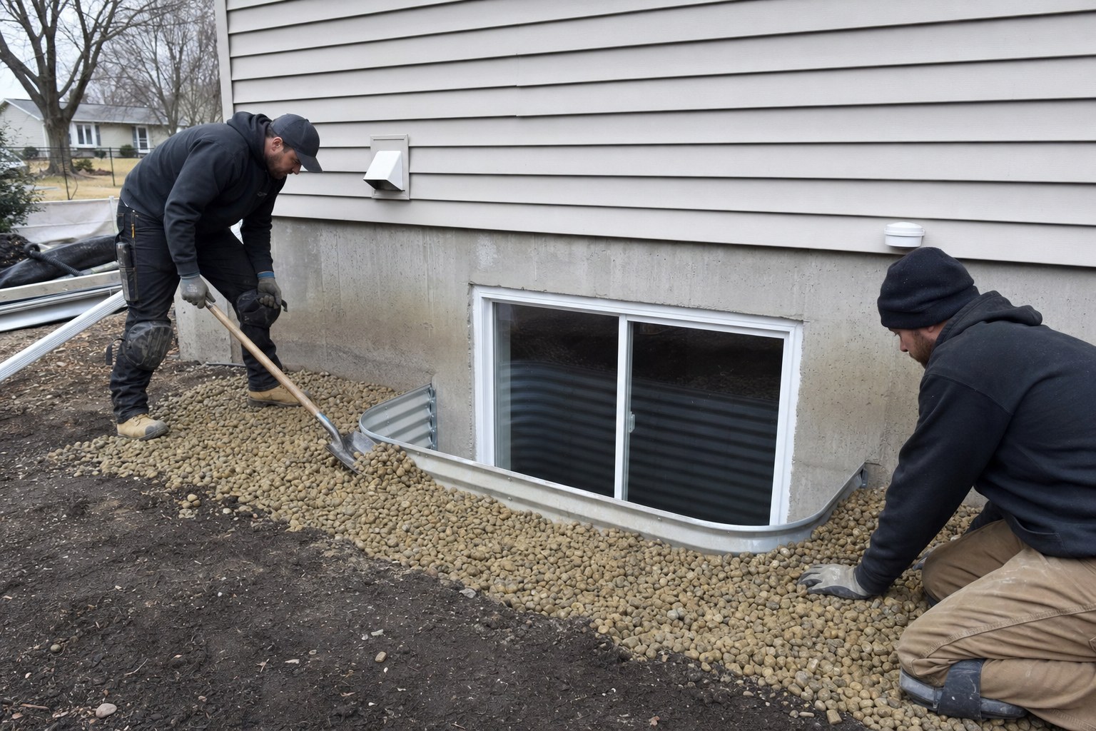 New basement egress window and window well being installed