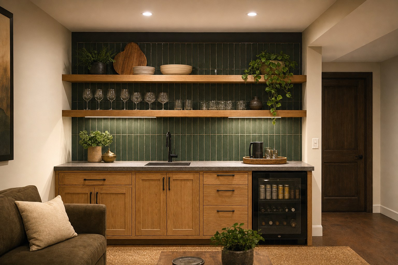 Finished basement wet bar with sink and open shelving